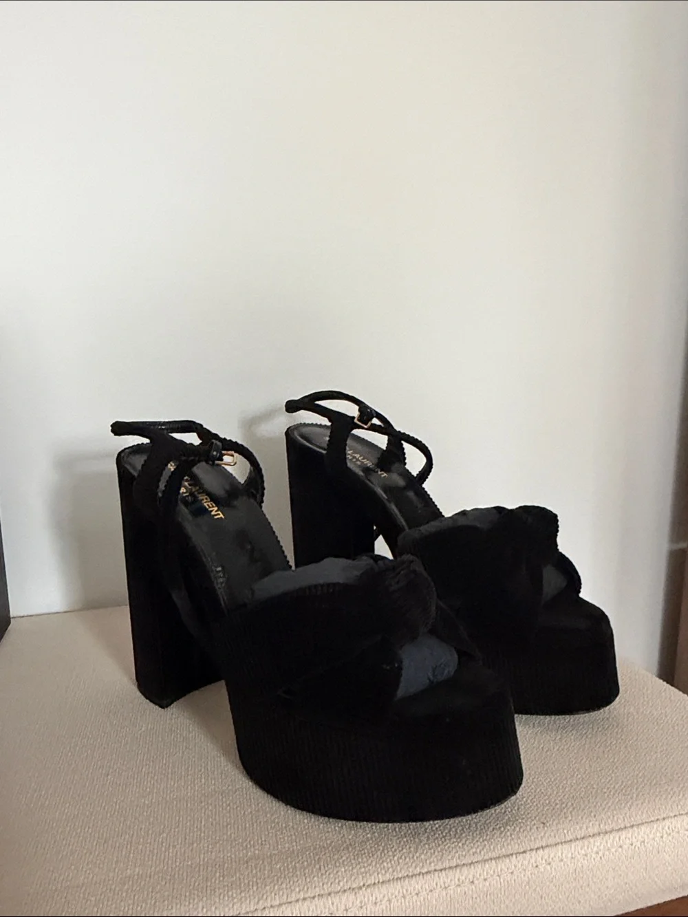 Saint Laurent Black Velvet Platform Block Heel Sandals - Picture 3 of 7
